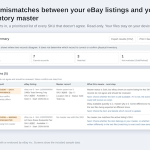 May include: A digital interface displaying an inventory audit tool. The header reads Find mismatches between your eBay listings and your inventory master. It includes an audit summary box with counts and a table listing exceptions with columns for Ref, Result, eBay listing, Master record, and What this means - next step.