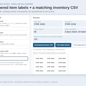 Reseller SKU Starter: Numbered SKU Labels + Matching Inventory CSV, 30 per Letter Sheet, Offline Tool for Resellers