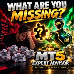 以下が含まれることがあります： WHAT ARE YOU MISSING?というテキストと、頭を抱える人物、WRONG ENTRY、FAKE SIGNALS、EMOTIONAL TRADING、STOP LOSSと書かれた丸めた紙、そしてMT5と記されたロボットが描かれたデジタルグラフィック。