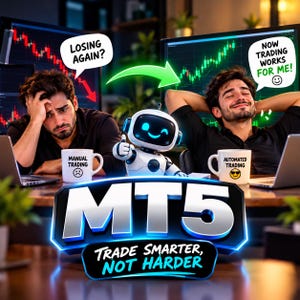 Könnte beinhalten: Eine digitale Grafik mit dem Text MT5 TRADE SMARTER, NOT HARDER. Ein kleiner weißer Roboter steht zwischen zwei Personen, eine gestresst mit einer MANUAL TRADING Tasse und die andere entspannt mit einer AUTOMATED TRADING Tasse.