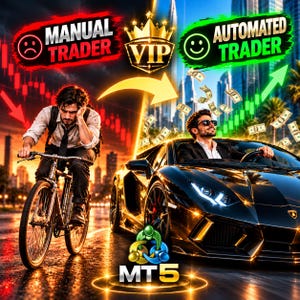 May include: A split-screen graphic showing a manual trader on a bicycle under a red downward trend and an automated trader in a black sports car under a green upward trend with flying money and the text VIP and MT5.