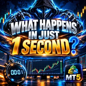 May include: A digital graphic featuring a hooded robotic figure with glowing blue eyes above the text WHAT HAPPENS IN JUST 1 SECOND? A stopwatch displays 00:01 next to a computer monitor showing stock market charts and an MT5 logo icon.