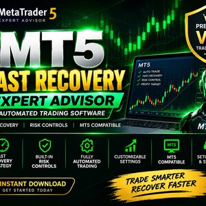 May include: A digital graphic for MetaTrader 5 automated trading software. The text reads MT5 FAST RECOVERY EXPERT ADVISOR. It features a laptop displaying trading charts, a futuristic character, and icons for risk control and setup.