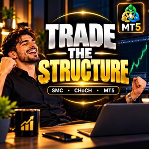 May include: A digital graphic featuring the text TRADE THE STRUCTURE with the subtext SMC, CHoCH, and MT5. The image includes a logo for MT5 and a person celebrating in front of a computer monitor displaying a green stock market chart.