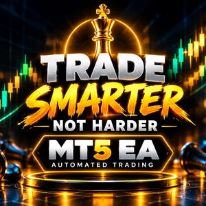 Puede incluir: Un gráfico digital con una pieza de ajedrez de rey dorado en la parte superior, con el texto TRADE SMARTER NOT HARDER MT5 EA AUTOMATED TRADING en blanco y amarillo. Un gráfico bursátil brillante de fondo.