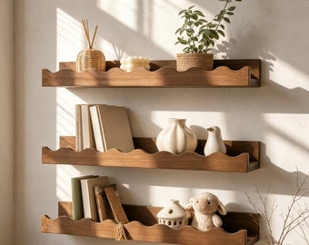 Wavy Edge Wooden Floating Wall Shelves, Rustic Book and Photo Display Storage, Modern Nursery Bedroom Living Room Home Decor