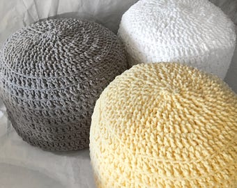 Hand Crochet Baby Pouf Ottoman: Yellow, White, Grey Nursery Decor