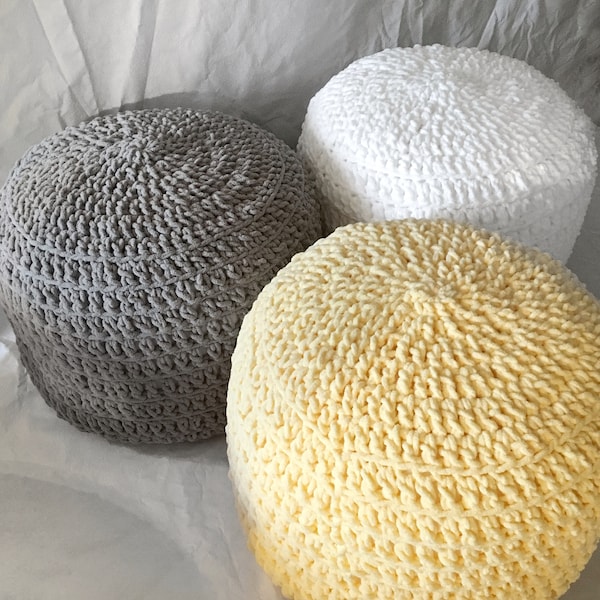 Baby Yellow White Grey Hand Crochet Pillow Ottoman Pouf | Footstool | Cushion! STUFFED! Perfect gift for baby shower | Nursery Decor