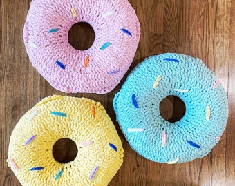 Cute Small/Large Mint Pink Yellow Hand Crochet Sprinkle Donut Throw Pillow! Custom requests accepted! Perfect for dorm rooms!