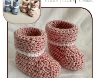 May include: A pair of pink crocheted baby booties with white trim. The image shows two pairs of booties, one pair in the foreground and another pair in the background. The text "BABY BOOTIES pattern" is at the top, with size ranges 0-3, 3-5, and 6-12 months.