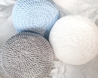 Blue and Grey Hand Crochet Pillow Ottoman Pouf, Footstool, Cushion! STUFFED! Perfect gift for baby showers!