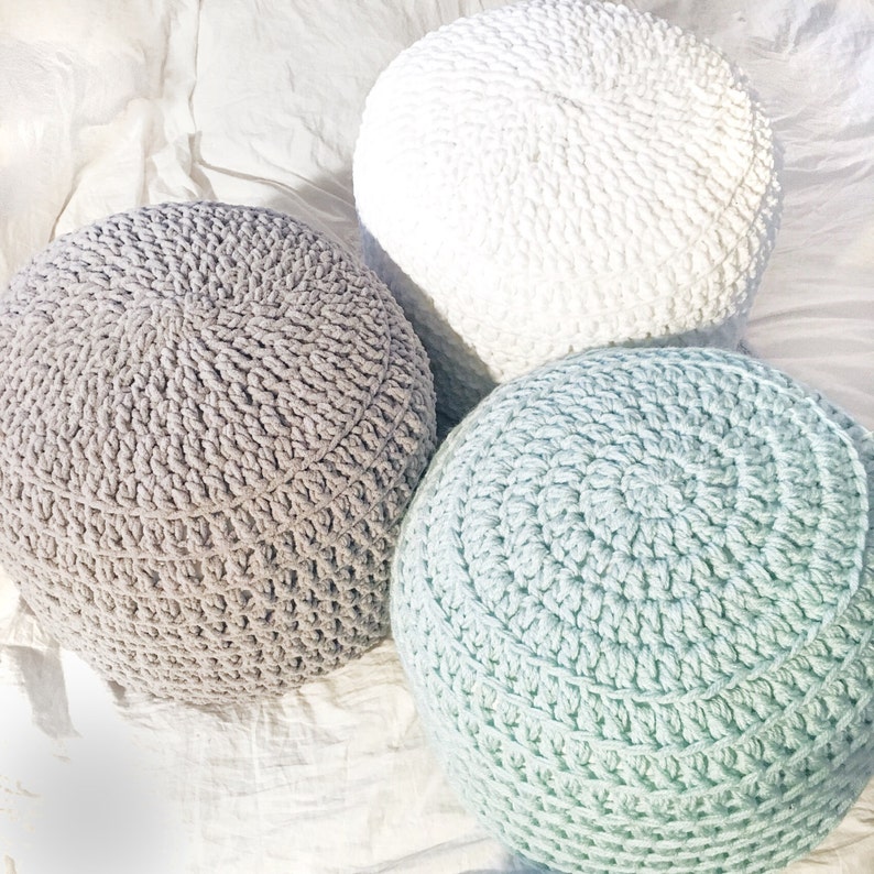 Mint Green White Grey Hand Crochet Pillow Ottoman Pouf, Footstool, Cushion! STUFFED! Perfect gift for baby showers! 