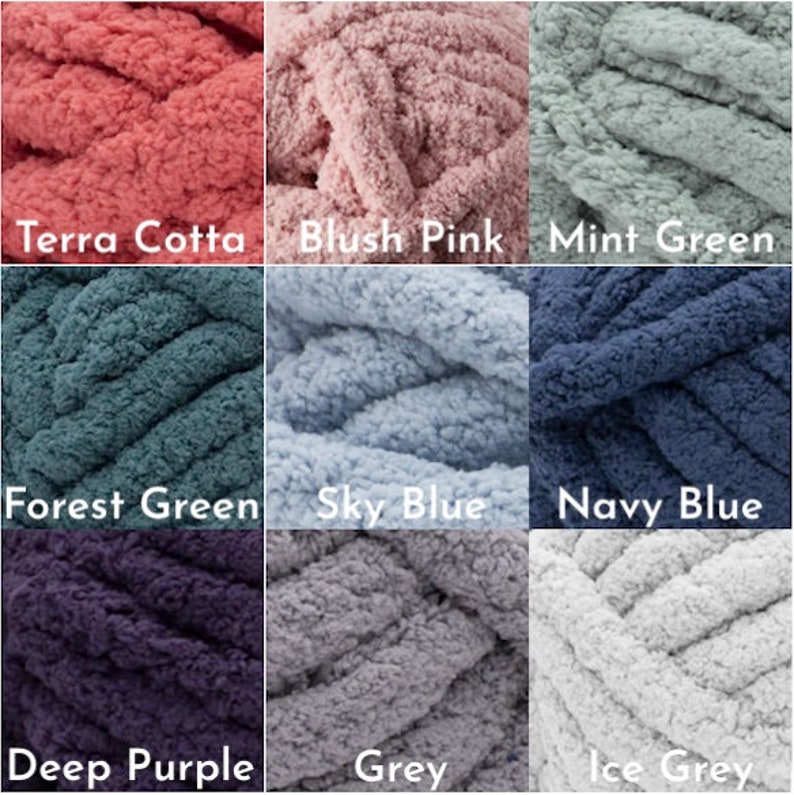May include: Nine balls of yarn in various colors, including terra cotta, blush pink, mint green, forest green, sky blue, navy blue, deep purple, grey, and ice grey.