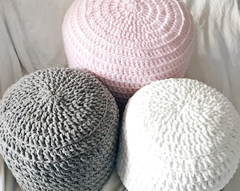 Hand Crochet Pouf Ottoman: Pink, Grey, White Footstool Cushion