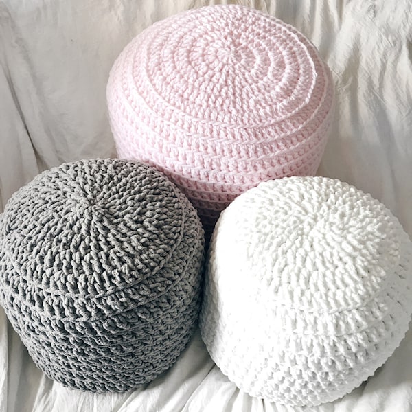 Pink Grey White Hand Crochet Pillow Ottoman Pouf, Footstool, Cushion! STUFFED! Perfect gift for baby showers!