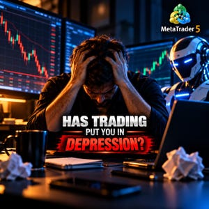 May include: A person with hands on their head sits at a desk with computer monitors displaying red and green stock charts. A robot stands nearby. The text reads: HAS TRADING PUT YOU IN DEPRESSION? The MetaTrader 5 logo is visible in the corner.