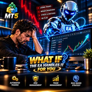 May include: A digital graphic featuring a stressed person, a futuristic robot labeled EA, and a computer monitor displaying financial charts. Text includes MT5, LOSING TRADES, BIGGER DRAWDOWN, STRESS & EMOTIONS, NO PLAN, and WHAT IF? THE EA HANDLES IT FOR YOU.