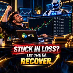 Pode incluir: Um gráfico digital mostrando uma pessoa celebrando em uma mesa com um laptop e monitores exibindo gráficos de ações e a marca MT5. Um robô está ao fundo. O texto diz STUCK IN LOSS? LET THE EA RECOVER.