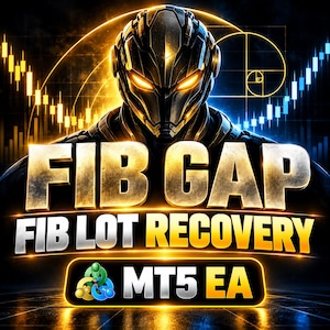 Puede incluir: Un gráfico digital que presenta una figura robótica con ojos de color naranja brillante. El texto FIB GAP y FIB LOT RECOVERY aparece en letras metálicas en negrita. Debajo, una insignia rectangular muestra el texto MT5 EA con un icono circular.