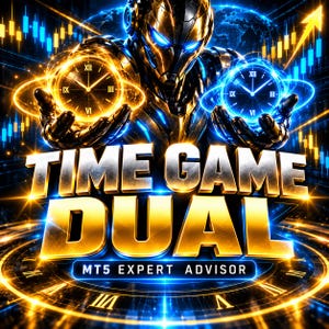 Könnte beinhalten: Eine Roboterfigur hält eine leuchtend goldene Uhr in der einen und eine leuchtend blaue Uhr in der anderen Hand. Der Text lautet TIME GAME DUAL MT5 EXPERT ADVISOR. Der Hintergrund zeigt Finanzhandelsdiagramme mit goldenen und blauen Lichteffekten.