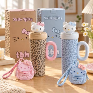 Hello Kitty Leopard Tumbler with 3D Lid and Mini Backpack Charm, Insulated Stainless Steel Kawaii Cup, Y2K Sanrio Gift for Her