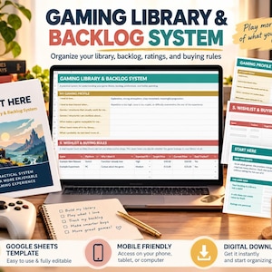 May include: A digital gaming library and backlog system displayed on a laptop screen, accompanied by a printed guide, a game controller, and a notepad with a checklist. The system includes sections for gaming profiles, wishlists, and buying rules.