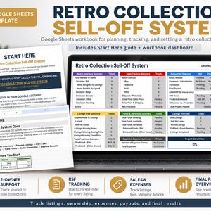 Może przedstawiać: Cyfrowy szablon Google Sheets zatytułowany Retro Collection Sell-Off System wyświetlany na ekranie laptopa i wydrukowanych stronach. Pulpit nawigacyjny zawiera tabele dotyczące inwentaryzacji, śledzenia sprzedaży i księgowości.
