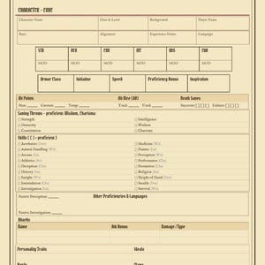 May include: A beige D&D 5e character sheet for a cleric by Dreadnaught Publishing LLC. The form includes sections for character core stats, ability scores, hit points, saving throws, skills, attacks, and personality traits with blank fields.