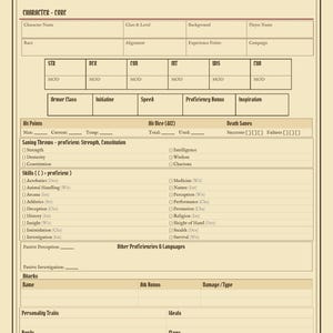 May include: A beige D&D 5e character sheet for a Barbarian class, featuring the Dreadnaught Publishing LLC logo at the top. The form includes sections for character core stats, ability scores, hit points, saving throws, skills, and attacks.