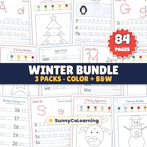 Winter Worksheets Bundle PreK Kindergarten, Christmas Letter Tracing, Color by Code, January No Prep Packet, 84 Printable Pages PDF