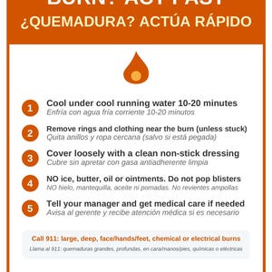 Puede incluir: Un cartel informativo naranja y blanco titulado BURN? ACT FAST. Enumera cinco pasos numerados para primeros auxilios en caso de quemaduras, incluyendo enfriar con agua, quitar joyas, cubrir la zona y buscar atención médica.