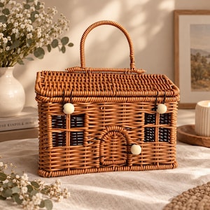 May include: A brown woven wicker basket shaped like a small house with a gabled roof and a single arched handle. The basket features two rectangular windows and an arched door, each accented with small, round, cream-colored wooden beads.