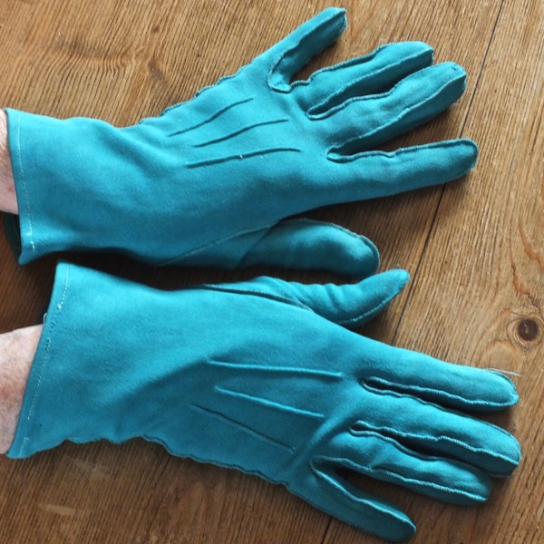 Ladies VINTAGE Bright Turquoise GLOVES.Lovely soft fabric.