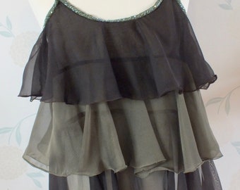 VINTAGE Frill detail CAMISOLE TOP in Brown and Khaki Green Chiffon Size M.