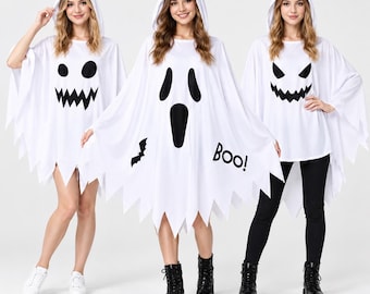 Costume da fantasma bianco con cappuccio, mantello di Halloween in poliestere, spettrale mantello per cosplay