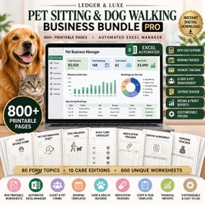 Puede incluir: Un paquete empresarial digital para cuidado de mascotas y paseo de perros con un portátil que muestra un panel de control de gestión, junto con formularios imprimibles para registros de clientes, cuidados y gastos.