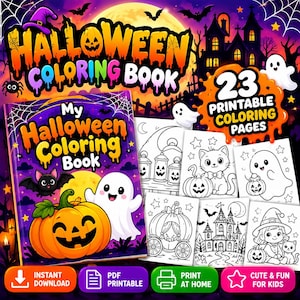May include: A Halloween coloring book featuring 23 printable pages with illustrations of ghosts, pumpkins, cats, and haunted houses. The cover displays the text My Halloween Coloring Book with a smiling ghost and a jack-o'-lantern graphic.