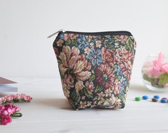 Cosmetic case, Floral charger bag with zipper, Make Up Pouch, tapestry bag, Travel bag, Makeup bag, tapestry pouch,  Zip up Coin Purse