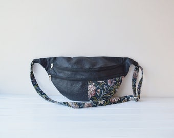 Large Fanny Pack: Faux Leather Crossbody Bag with Birds Roses