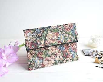 Foldover clutch, fold over purse, purse, bridesmaids clutch, wedding evening bag, faux leather, Floral fold over clutch, zipped clutch