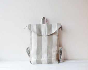 Linen striped backpack, flap close rucksack, packsack, college school bag, travel backpack, laptop bag, knapsack, kitbag, holdall, bookbag,