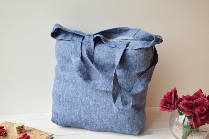 Blue linen shoulder bag, shopping bag, minimalist tote bag, farmer bag, sustainable bag, eco friendly bag, reusable bag, travel bag, summer image 7