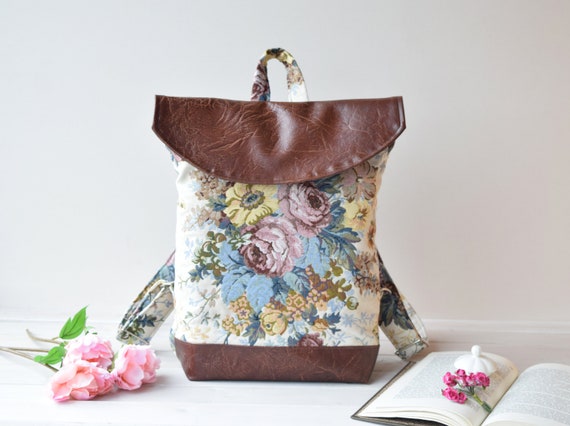 Floral Upholstery Backpack: Faux Leather Rucksack Laptop Bag  display picture 3