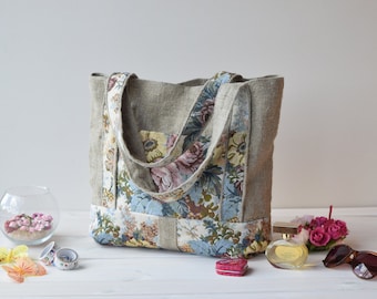 Sac fourre-tout en lin avec bouquets, sac de plage, sac d'été, sac à provisions, sac fourre-tout, sac fourre-tout en toile, sac à bandoulière, sac fermier, sac durable