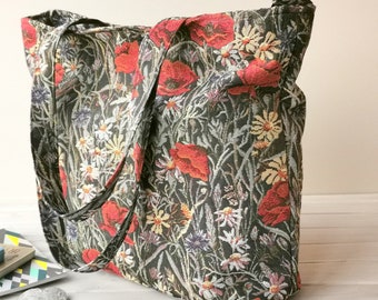 Poppy Meadow Upholstery Tote Bag: Stor axelväska med dragkedja
