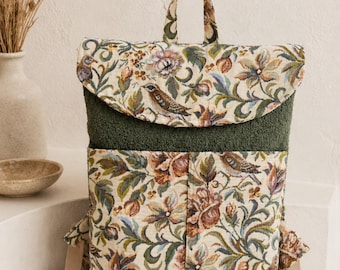 Floral Tapestry Backpack: Handmade Flap close rucksack, pack sack, knapsack, kitbag