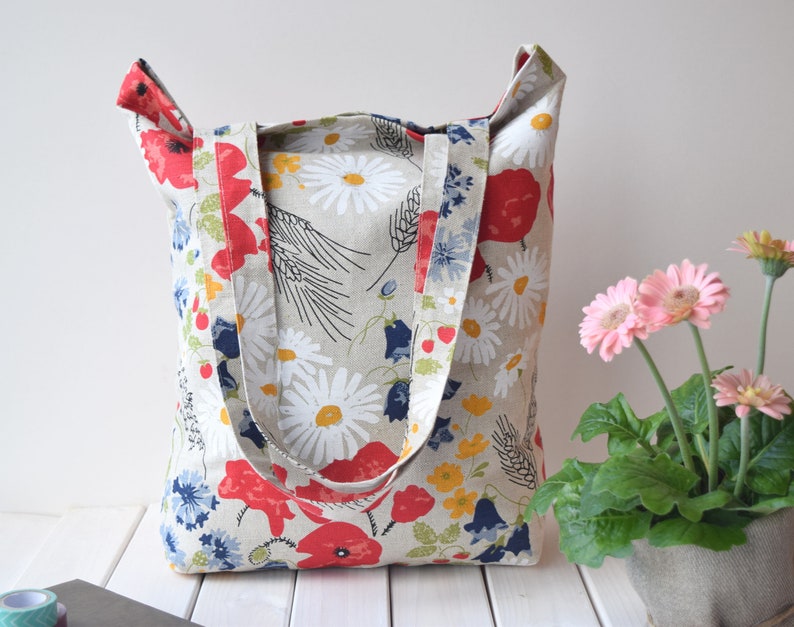 Meadow linen tote bag, shoulder bag, shopping bag, sustainable bag, eco friendly bag, farmers bag, reusable bag, pouch purse bag, casual bag image 2
