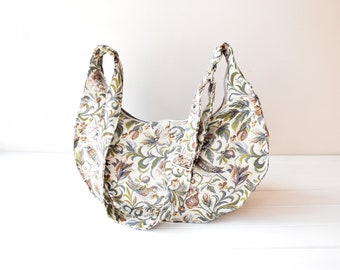 Floral Upholstery Half Moon Bag: Boho Slouchy Crossbody Shoulder Handbag