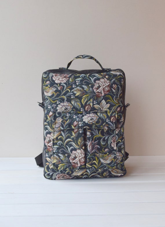 Floral Bird Upholstery Backpack: Faux Leather Laptop Bag - Etsy display picture 2