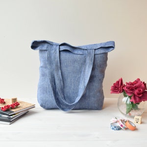 Blue linen shoulder bag, shopping bag, minimalist tote bag, farmer bag, sustainable bag, eco friendly bag, reusable bag, travel bag, summer image 1